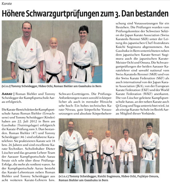 Roman Biehler aus Buchs Aargau und Tommy Scheidegger aus Küttigen bestanden höhere Karate Schwarzgurtprüfung zum 3. Dan. Landanzeiger vom 26. Juli 2012