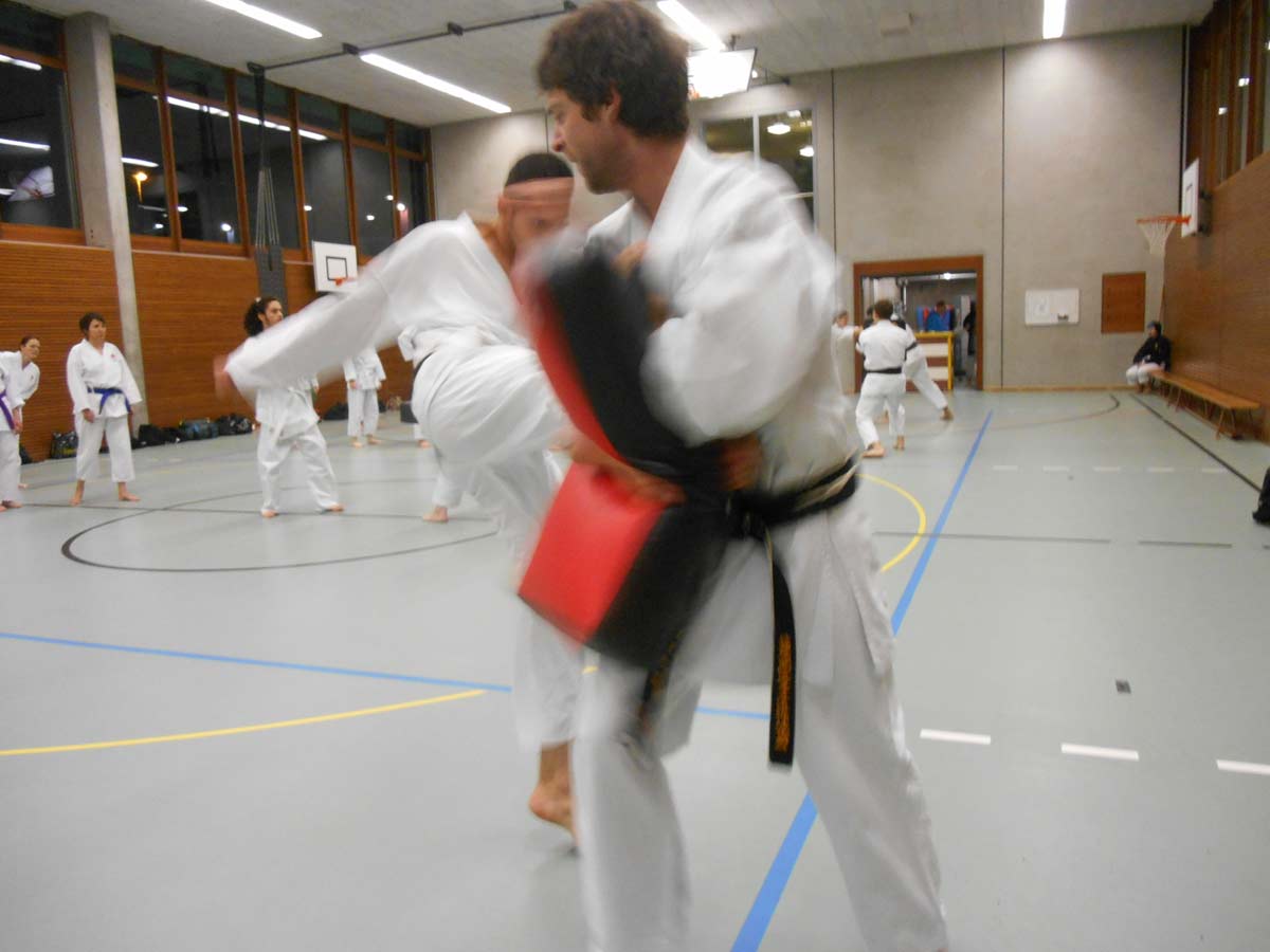 Nicht nur im Kickboxen werden Pratzen und Schlagpolster eingesetzt. Auch im Karate gehört es zum Bestandteil des Trainings. Kampfsportschule Aarau