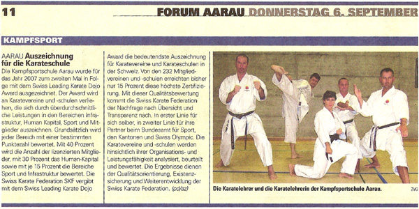 Auszeichnung für Karateschule. Kampfsportschule Aarau. Aargauer Zeitung, 6. September 2007