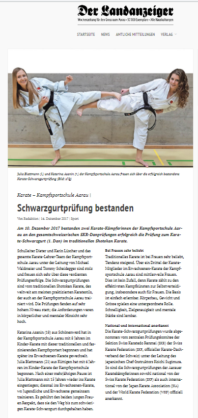 Bericht im Landanzeiger vom 14.12.2017: Karate - Kampfsportschule Aarau: Schwarzgurtprüfung bestanden. Julia Blattmann aus Küttigen und Katarina Asanin aus Oberentfelden.