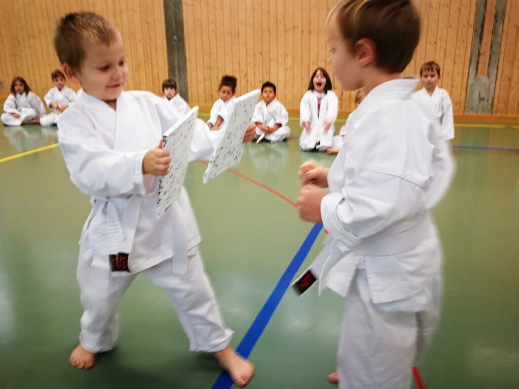 Bonsai Kinder Karate Aarau-Olten-Aarburg-Lenzburg kommen in die Kampfsportschule Aarau. Grosses Staunen der Kinder (4- 5 Jahre) im Bonsai-Karate nach dem erfolgreichen Bruchtest in der Kampfsportschule Aarau.