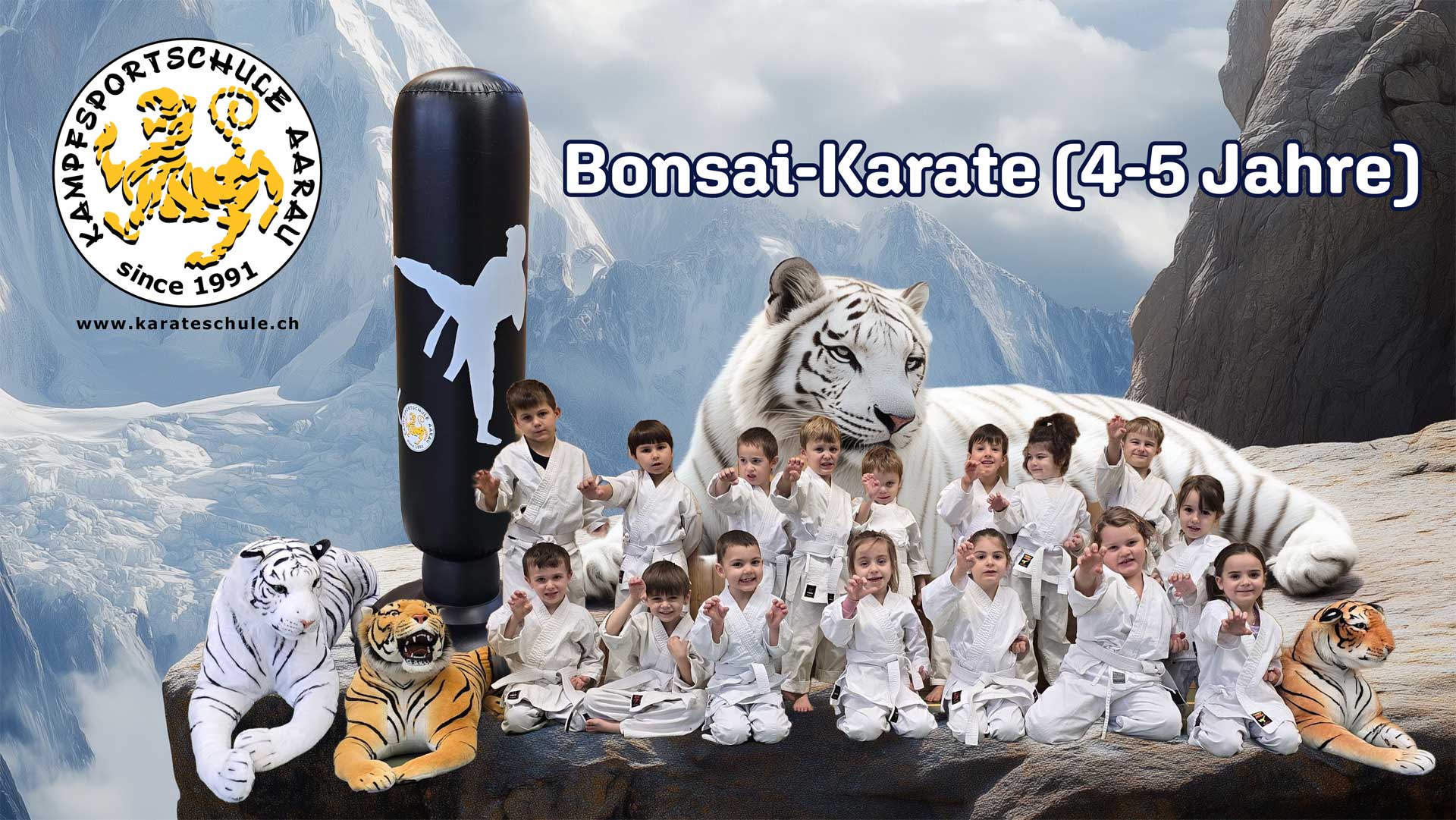 Bonsai-Karate (4-5 Jahre): Der weisse Tiger kommt zu Besuch in der Kampfsportschule Aarau. Eine gute Adresse für Kinder-Kampfsport im Aargau.