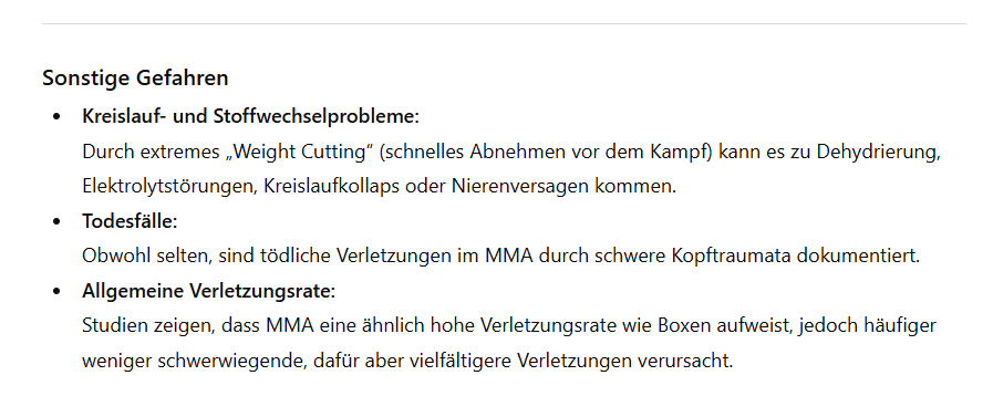 MMA Gesundheitliche Gefahren.  Sonstige Gefahren. Kreislauf- und Stoffwechselprobleme, Todesfälle, allg. Verletzungsrate. Bericht Kampfsportschule Aarau