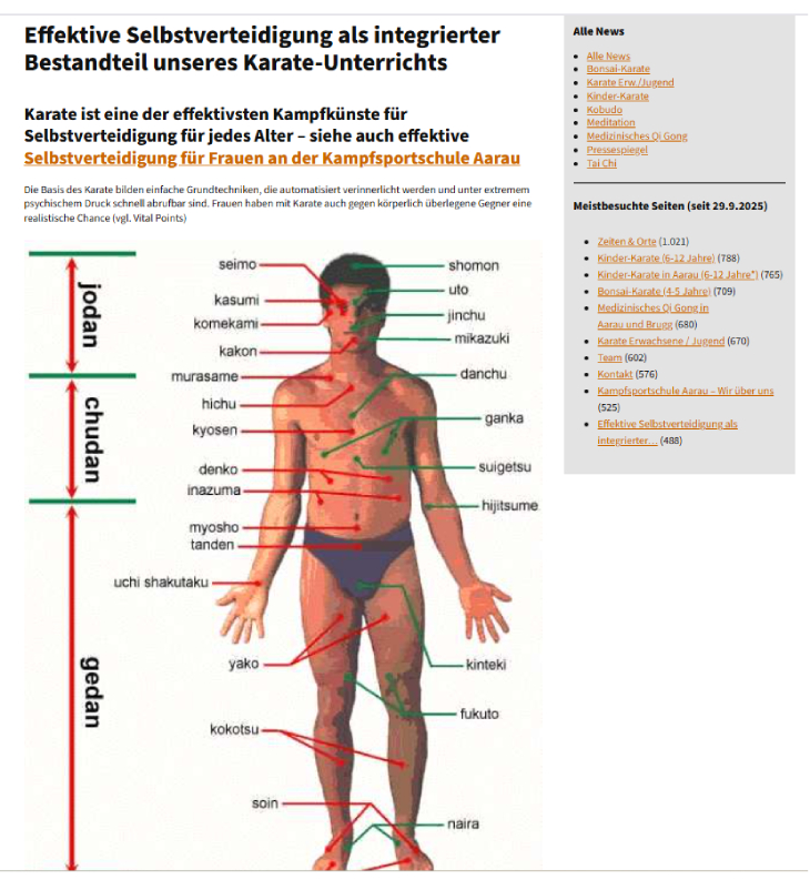 Effektive Selbstverteidigung als integrierter Bestandteil unseres Karate-Unterrichts. Printscreen der Website karateschule.ch mit Vital Points