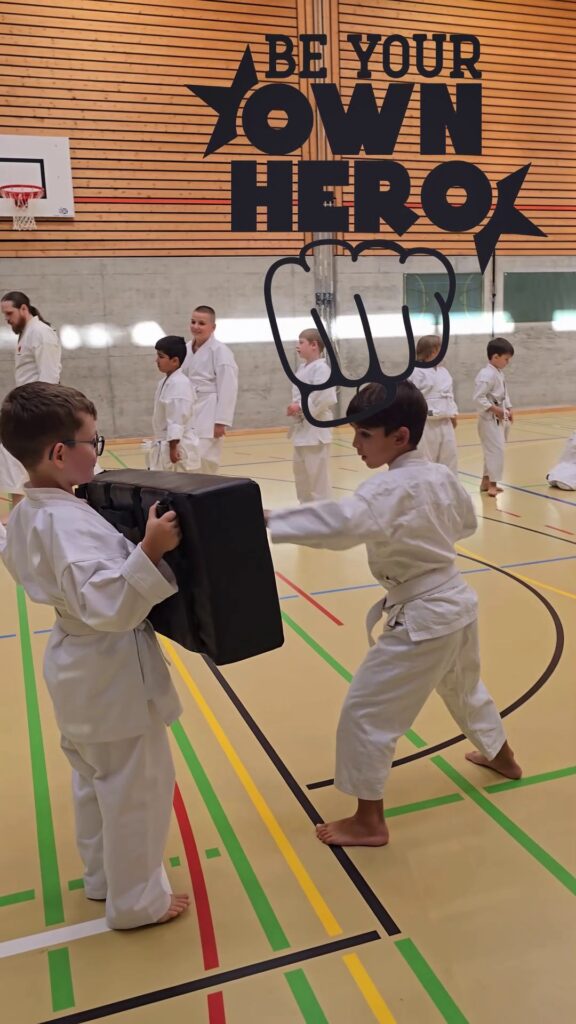 Kampfsport Aarau Kinder. Lazar aus Hunzenschwil und Keyan aus Erlinsbach im ausgezeichneten Karate-Schlagpolstertraining.