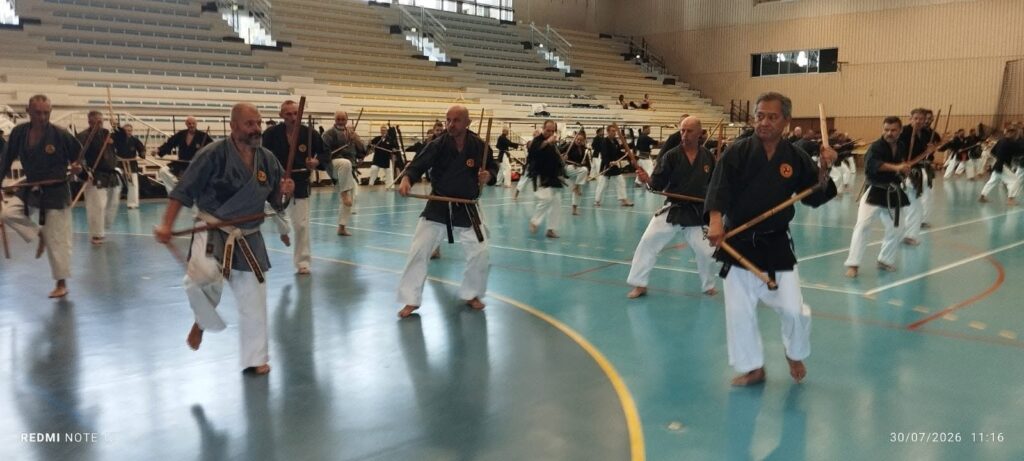 Kampfsport Training im Kobudo-Seminar mit dem dreiteiligen Nunchaku (Sansetsukon). Die Länge des Sansetsukon mit ca. 2.0 m (!) ist ein entscheidender Vorteil im Kampf gegen einen waffenlosen Kämpfer bsp. im Karate oder einer anderen Kampfkunst oder Kampfsportart.