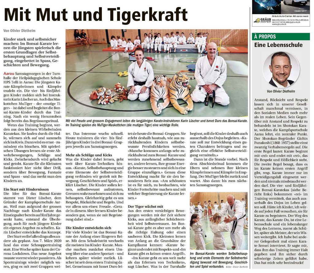 Mit Mut und Tigerkraft. Titelseitenbericht und Editorial von Oliver Diethelm, Redaktor der Aarauer Nachrichten, über Bonsai-Karate in der Kampfsportschule Aarau